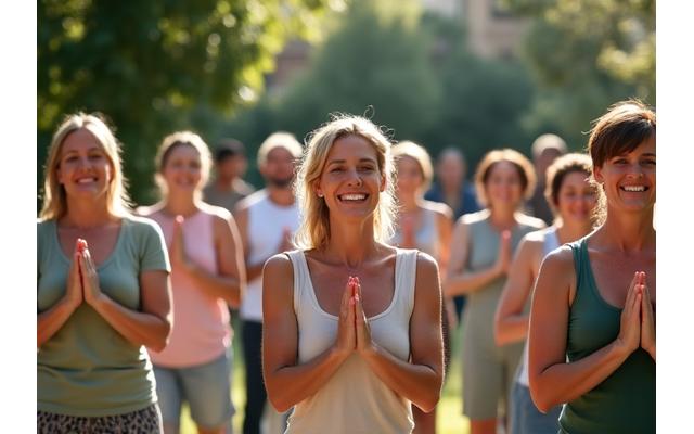 Diverse persone di età differenti che partecipano a un workshop di benessere all'aperto a Milano, con un'atmosfera comunitaria e incoraggiante.