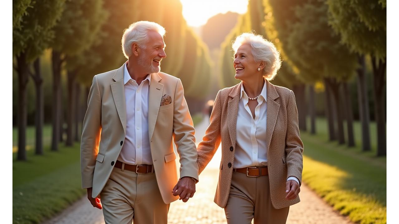 Uomo e donna anziani elegantemente vestiti, energici mentre passeggiano in un parco soleggiato di Milano, sorridendo e interagendo. Esprimono vitalità e connessione, suggerendo una vita piena dopo i 60 anni.