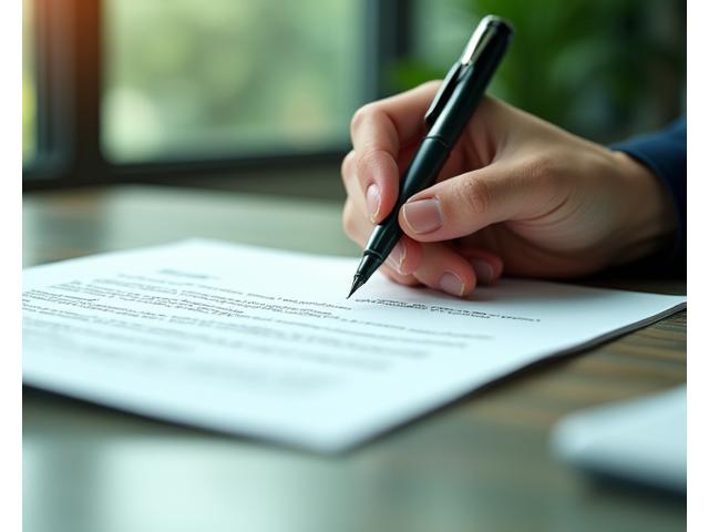 Illustrazione stilizzata di una mano che firma un documento, simbolo di accordo e responsabilità.